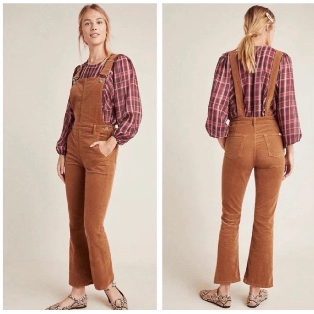 7 For All Mankind Slim Kick Corduroy Overalls Penny Brown Size Large EUC Retro